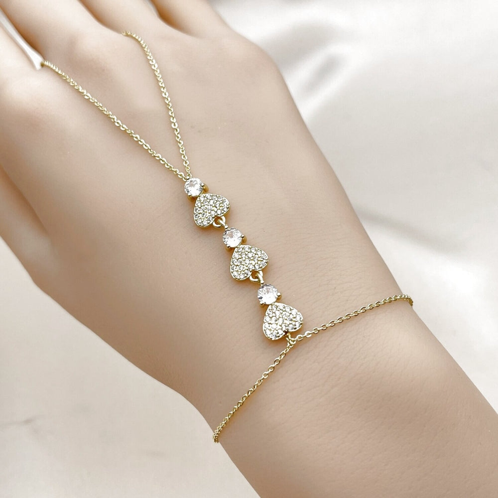Oro Laminado Fancy Bracelet, Gold Filled Style Heart Design, with White Cubic Zirconia and White Micro Pave, Polished, Golden Finish