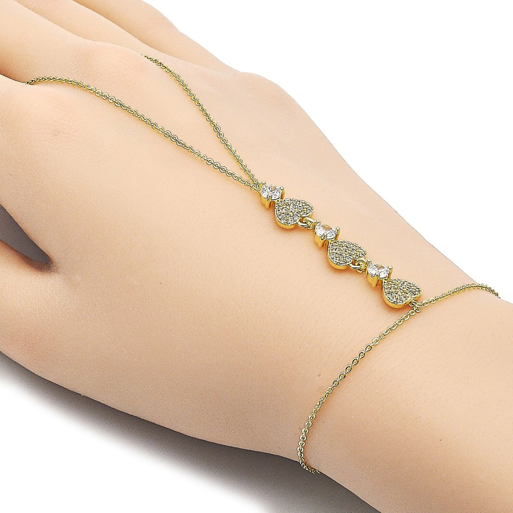Oro Laminado Fancy Bracelet, Gold Filled Style Heart Design, with White Cubic Zirconia and White Micro Pave, Polished, Golden Finish