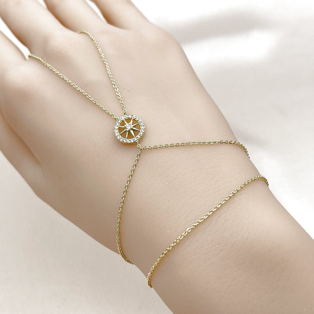 Oro Laminado Fancy Bracelet, Gold Filled Style Star and Rolo Design, with White Micro Pave and White Cubic Zirconia, Polished, Golden Finish