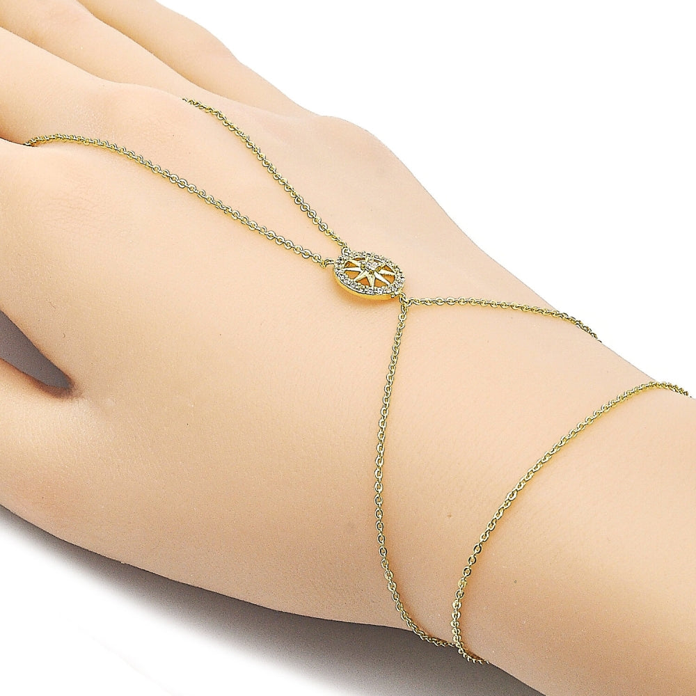 Oro Laminado Fancy Bracelet, Gold Filled Style Star and Rolo Design, with White Micro Pave and White Cubic Zirconia, Polished, Golden Finish