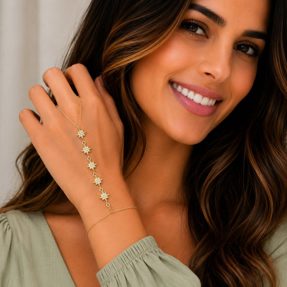 Oro Laminado Fancy Bracelet, Gold Filled Style Star and Rolo Design, with White Micro Pave, Polished, Golden Finish