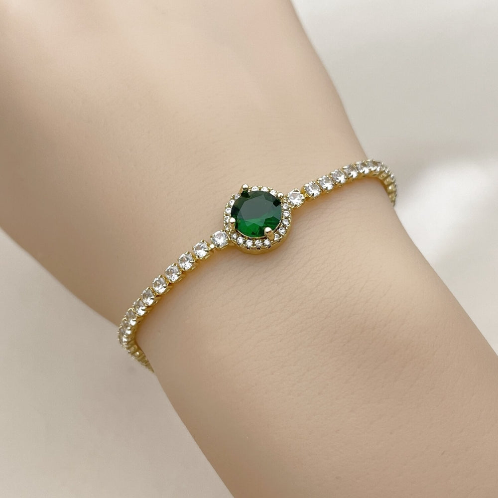 Oro Laminado Fancy Bracelet, Gold Filled Style Cluster Design, with Green and White Cubic Zirconia, Polished, Golden Finish