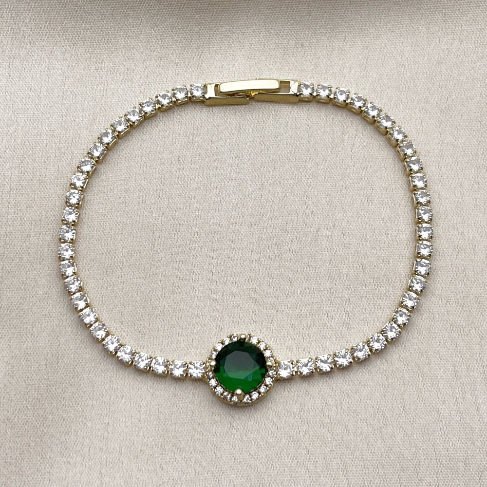 Oro Laminado Fancy Bracelet, Gold Filled Style Cluster Design, with Green and White Cubic Zirconia, Polished, Golden Finish