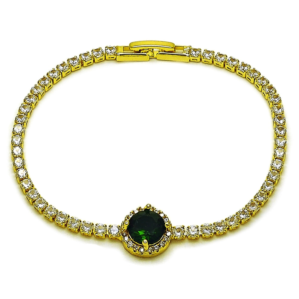 Oro Laminado Fancy Bracelet, Gold Filled Style Cluster Design, with Green and White Cubic Zirconia, Polished, Golden Finish