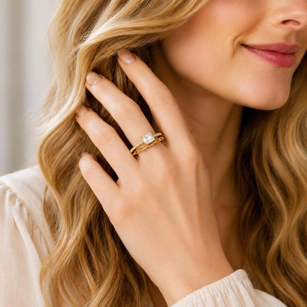 Oro Laminado Multi Stone Ring, Gold Filled Style Paperclip Design, with White Cubic Zirconia and White Micro Pave, Polished, Golden Finish