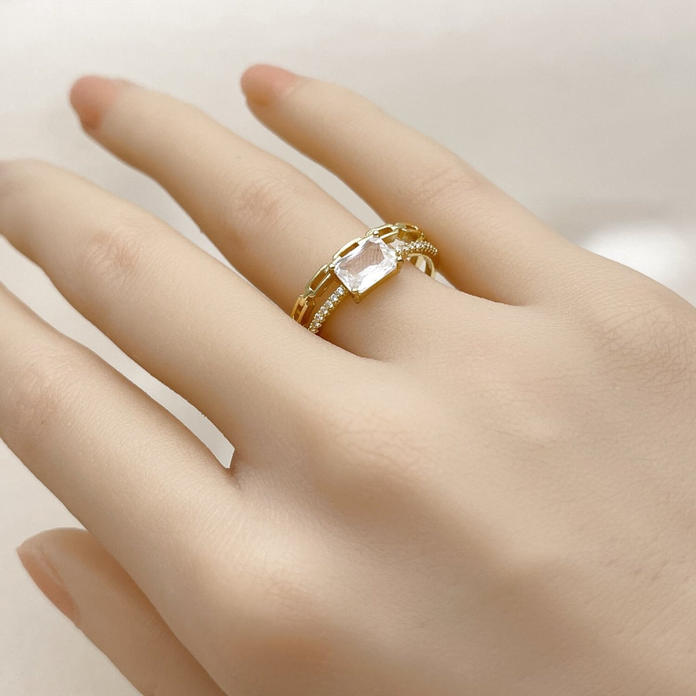 Oro Laminado Multi Stone Ring, Gold Filled Style Paperclip Design, with White Cubic Zirconia and White Micro Pave, Polished, Golden Finish