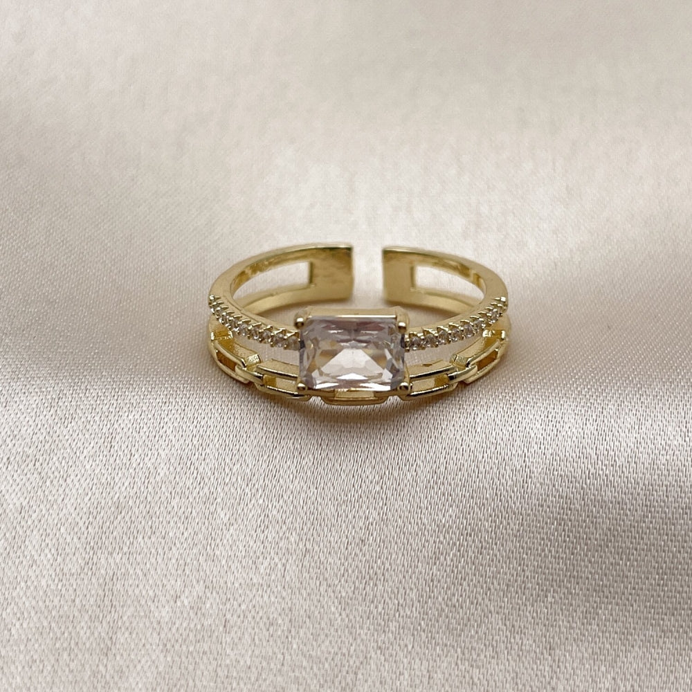 Oro Laminado Multi Stone Ring, Gold Filled Style Paperclip Design, with White Cubic Zirconia and White Micro Pave, Polished, Golden Finish