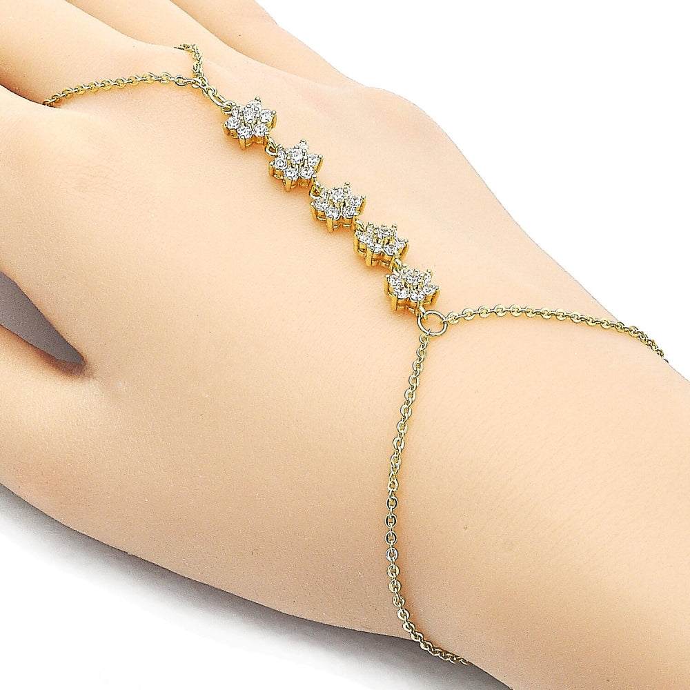 Oro Laminado Fancy Bracelet, Gold Filled Style Flower Design, with White Cubic Zirconia, Polished, Golden Finish
