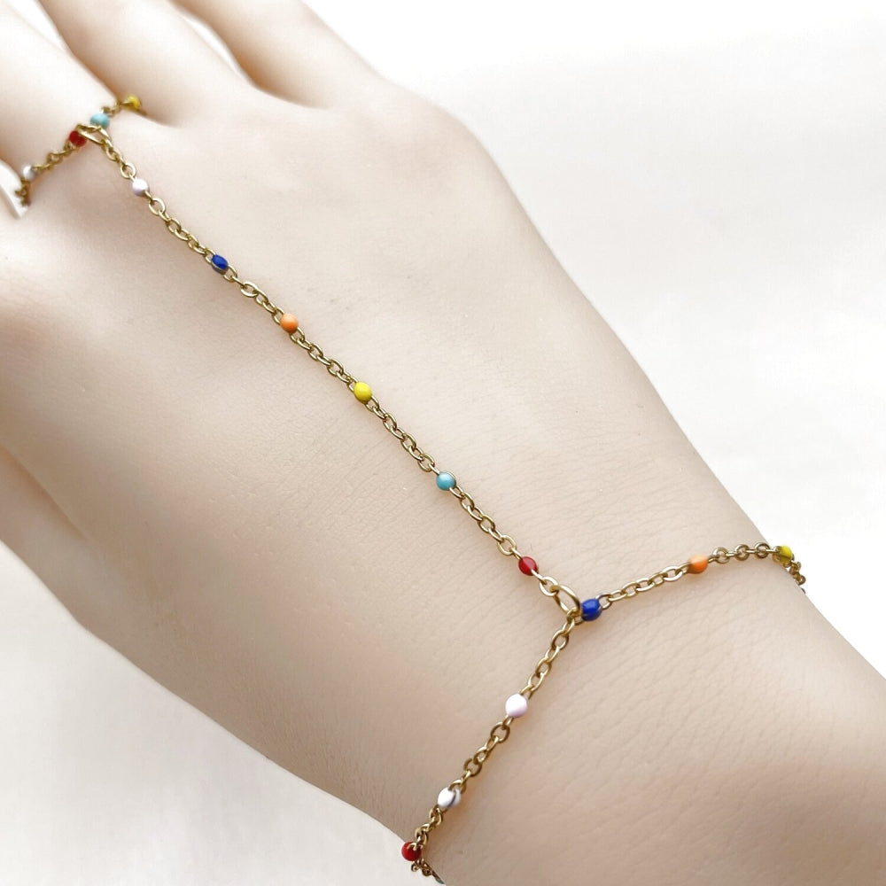 Stainless Steel Fancy Bracelet, Rolo Design, Multicolor Enamel Finish, Golden Finish