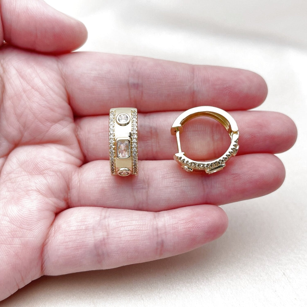 Oro Laminado Huggie Hoop, Gold Filled Style Baguette Design, with White Cubic Zirconia and White Micro Pave, Polished, Golden Finish