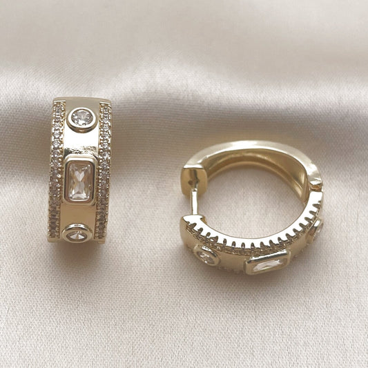 Oro Laminado Huggie Hoop, Gold Filled Style Baguette Design, with White Cubic Zirconia and White Micro Pave, Polished, Golden Finish