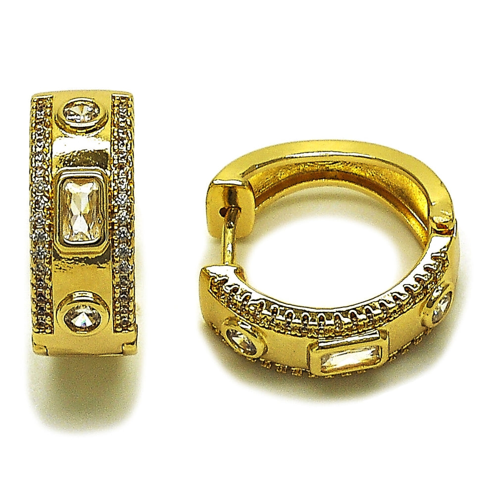 Oro Laminado Huggie Hoop, Gold Filled Style Baguette Design, with White Cubic Zirconia and White Micro Pave, Polished, Golden Finish