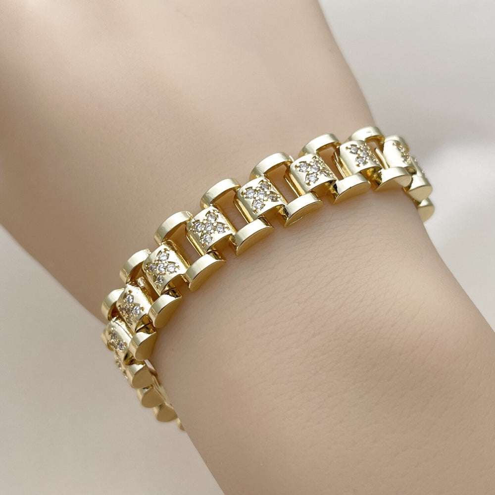 Oro Laminado Tennis Bracelet, Gold Filled Style Belt Buckle Design, with White Cubic Zirconia, Polished, Golden Finish