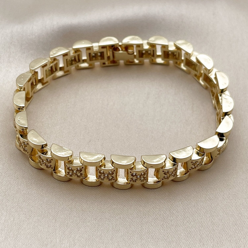 Oro Laminado Tennis Bracelet, Gold Filled Style Belt Buckle Design, with White Cubic Zirconia, Polished, Golden Finish