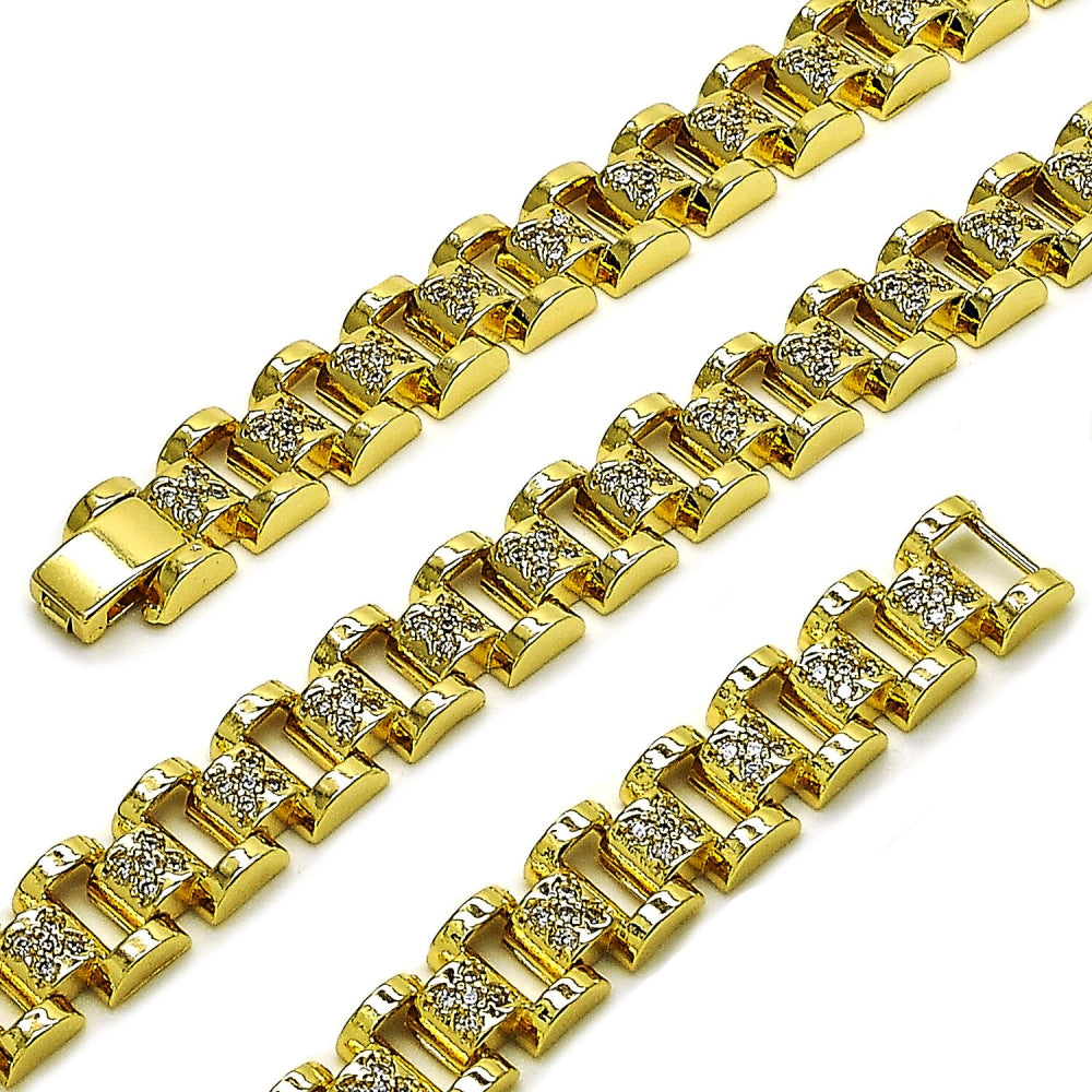 Oro Laminado Tennis Bracelet, Gold Filled Style Belt Buckle Design, with White Cubic Zirconia, Polished, Golden Finish