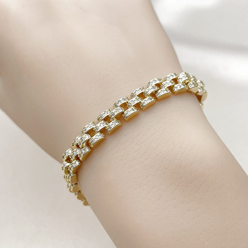Oro Laminado Tennis Bracelet, Gold Filled Style Belt Buckle Design, with White Micro Pave, Polished, Golden Finish