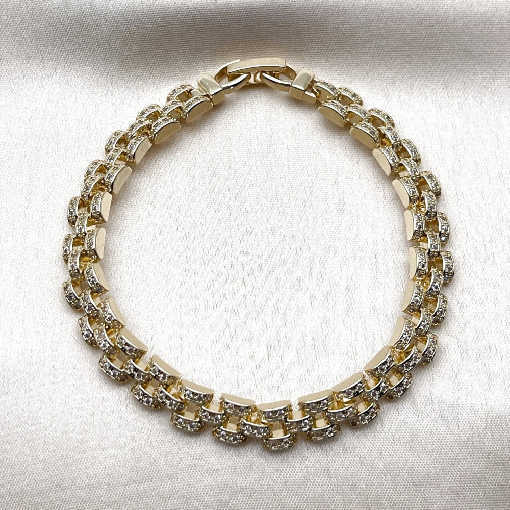 Oro Laminado Tennis Bracelet, Gold Filled Style Belt Buckle Design, with White Micro Pave, Polished, Golden Finish
