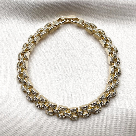 Oro Laminado Tennis Bracelet, Gold Filled Style Belt Buckle Design, with White Micro Pave, Polished, Golden Finish