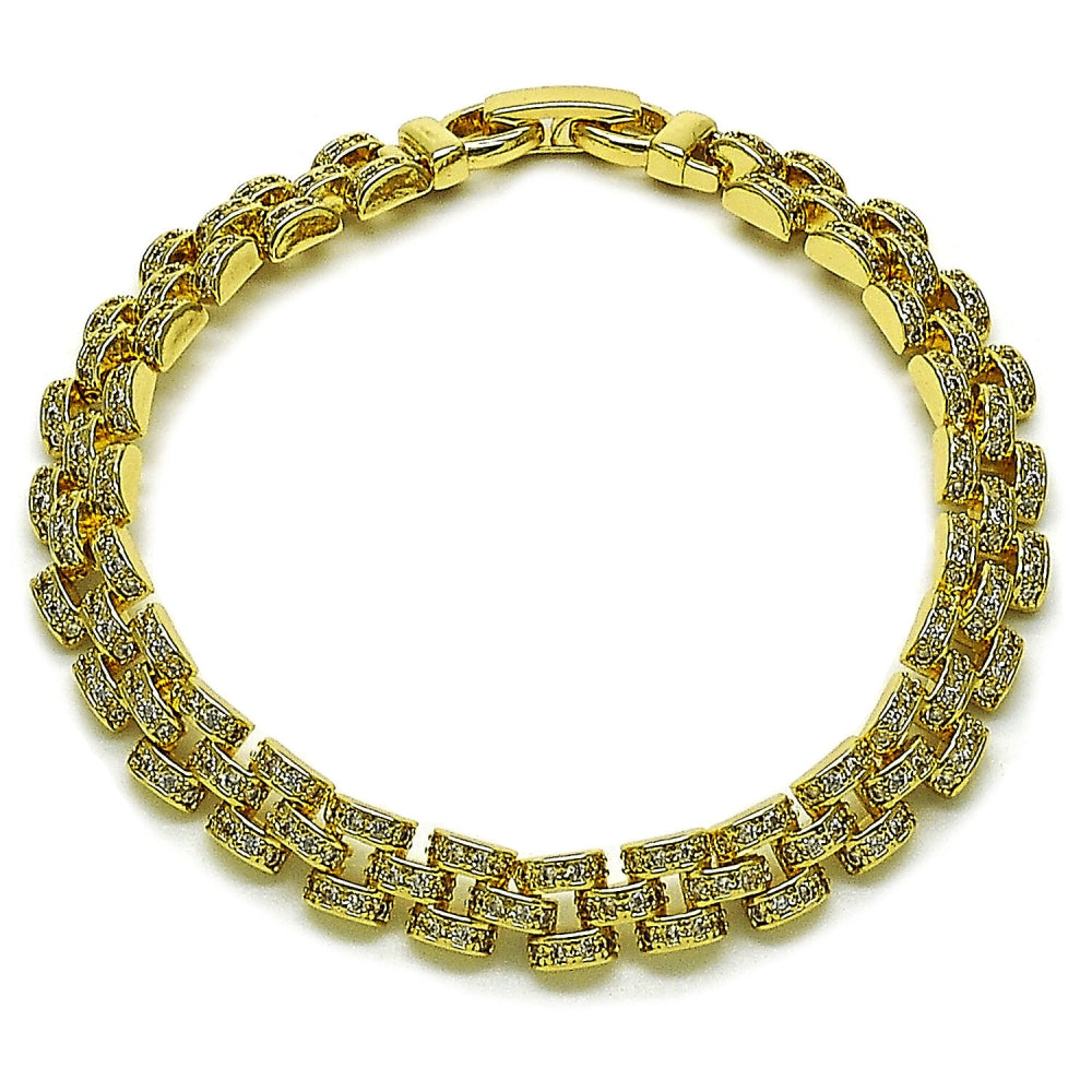 Oro Laminado Tennis Bracelet, Gold Filled Style Belt Buckle Design, with White Micro Pave, Polished, Golden Finish