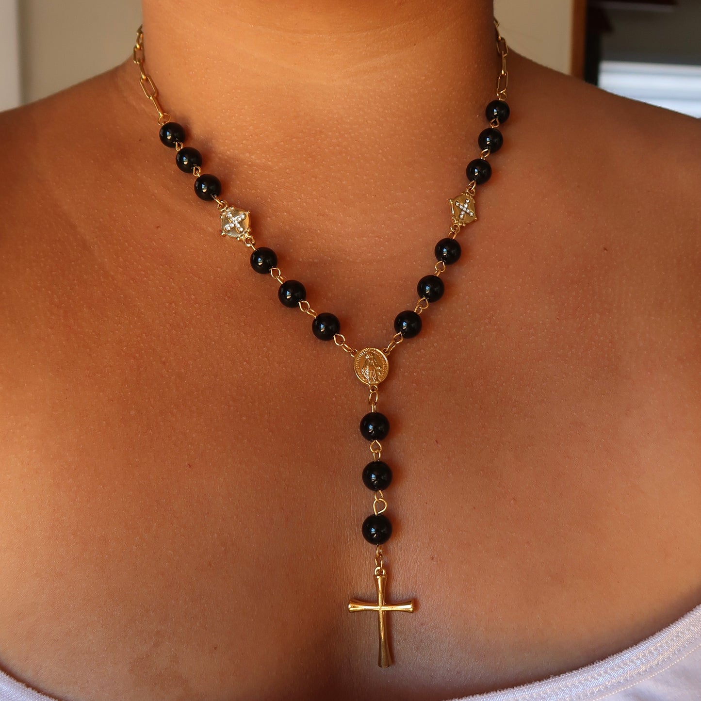 Black Cross Rosary Necklace