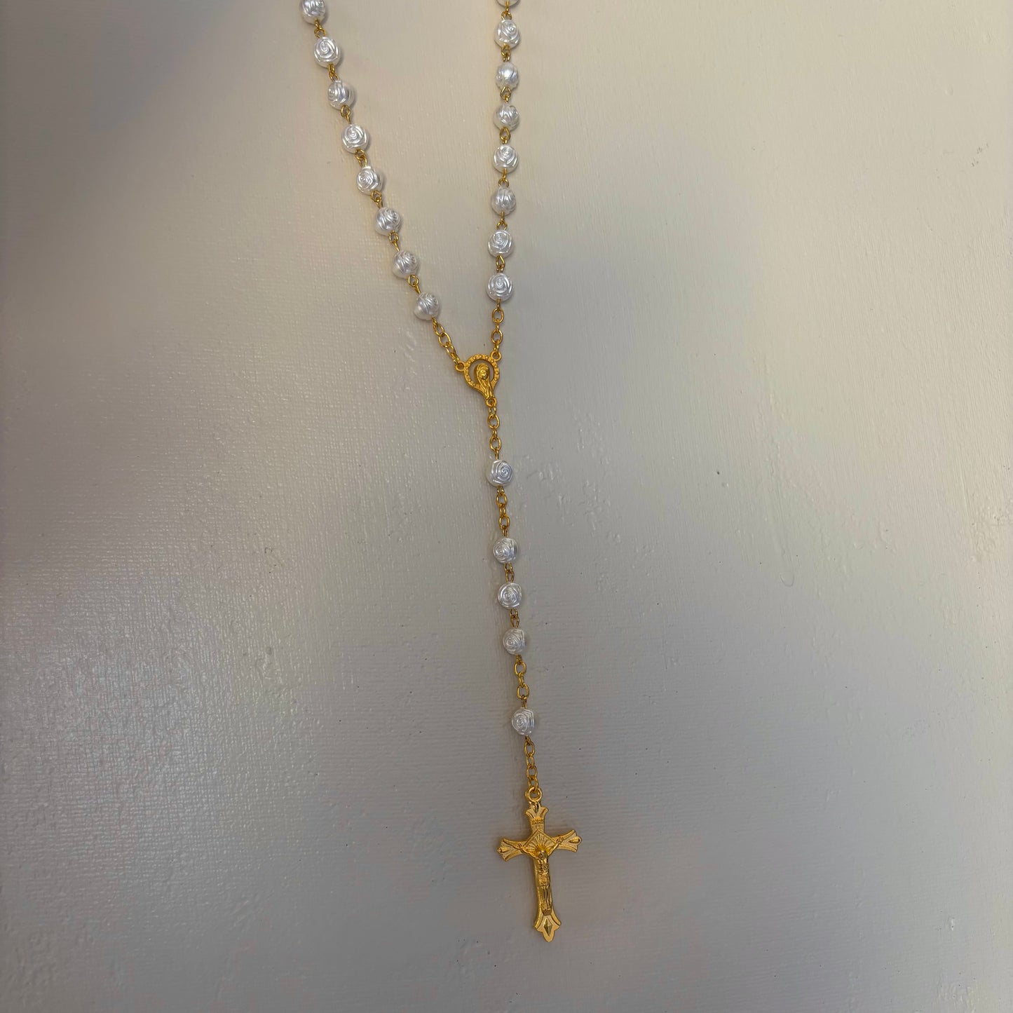 White Rose Rosary Necklace