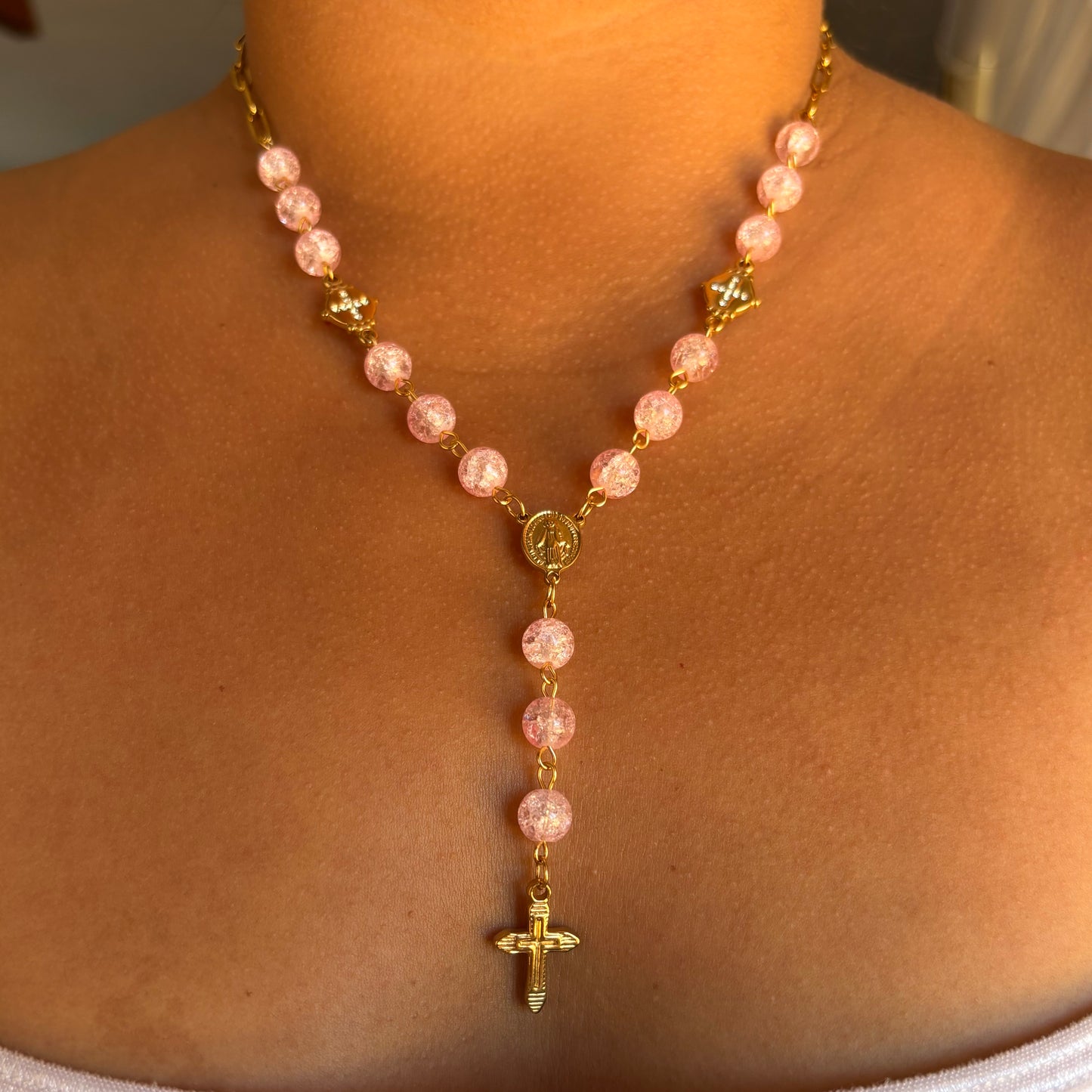 Pink Cross Rosary Necklace