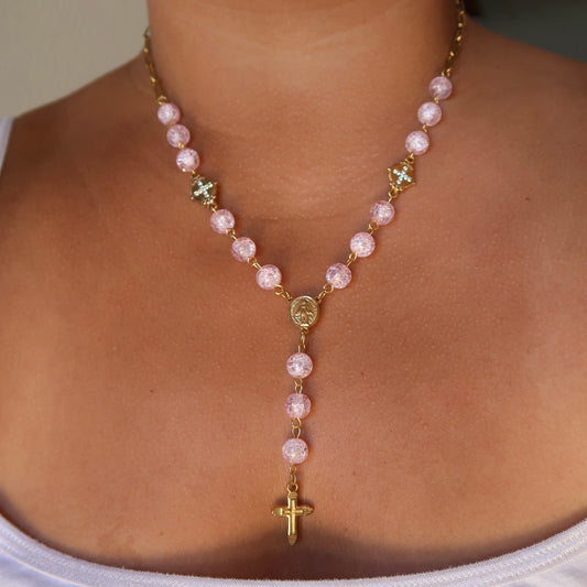 Pink Cross Rosary Necklace