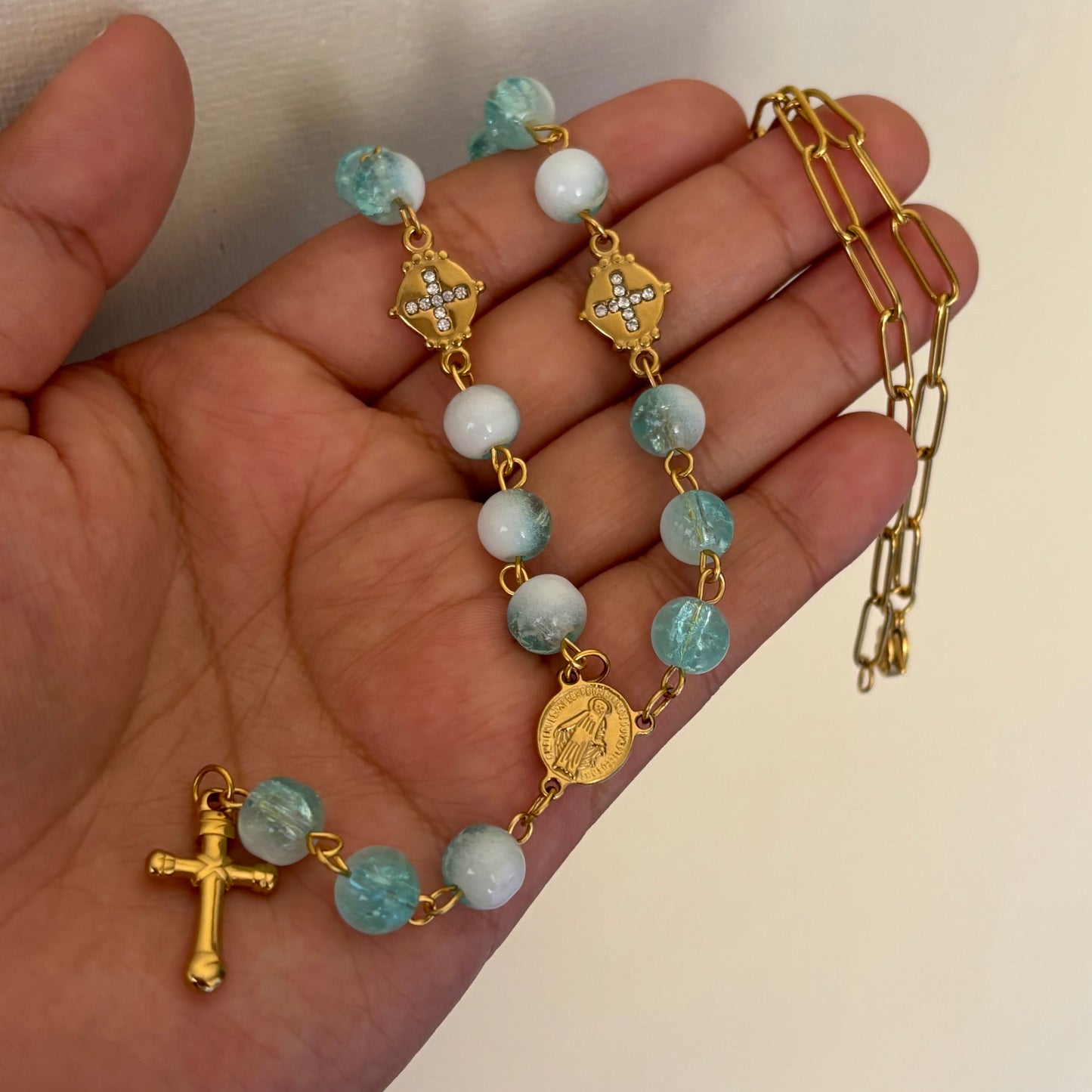 Blue Cross Rosary Necklace