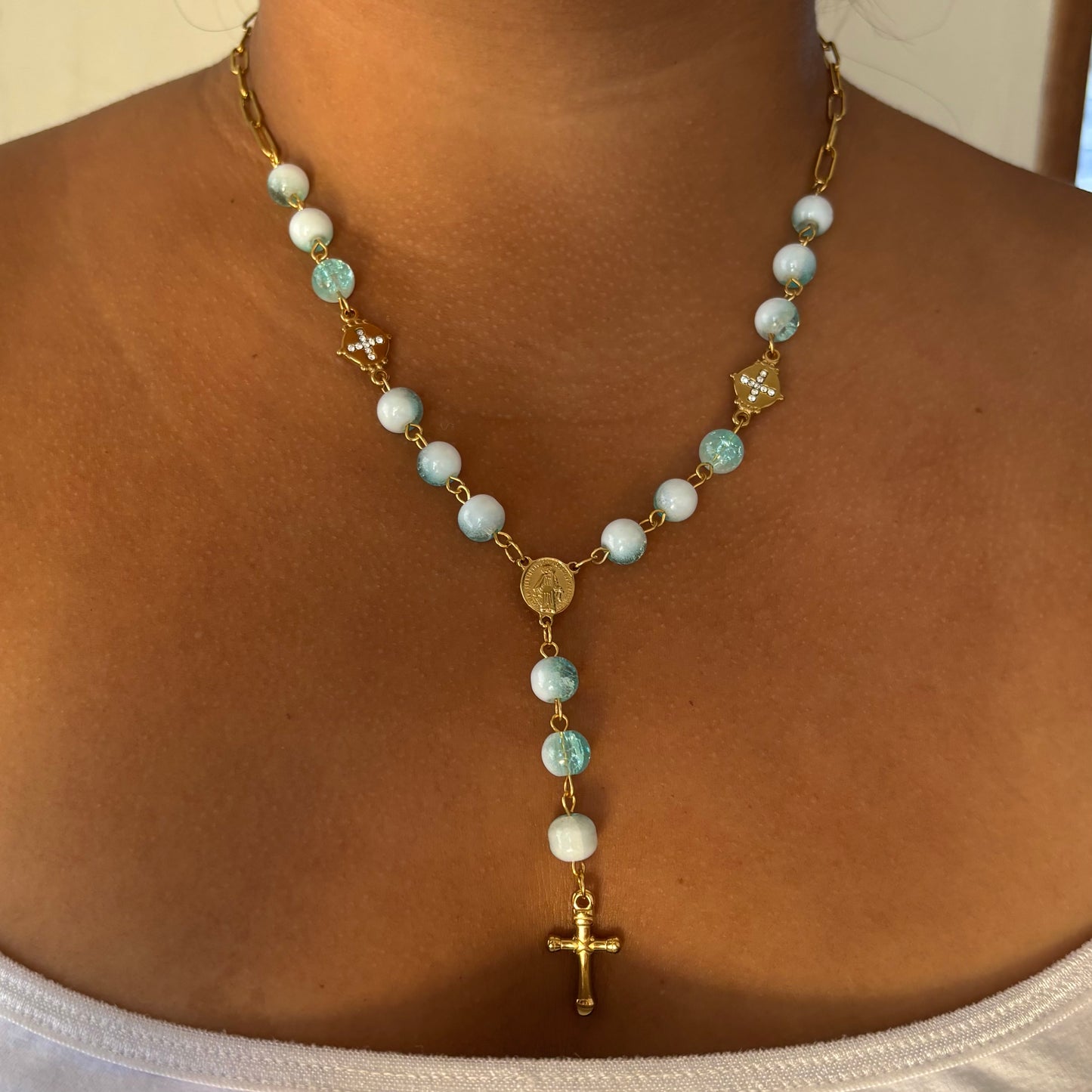 Blue Cross Rosary Necklace