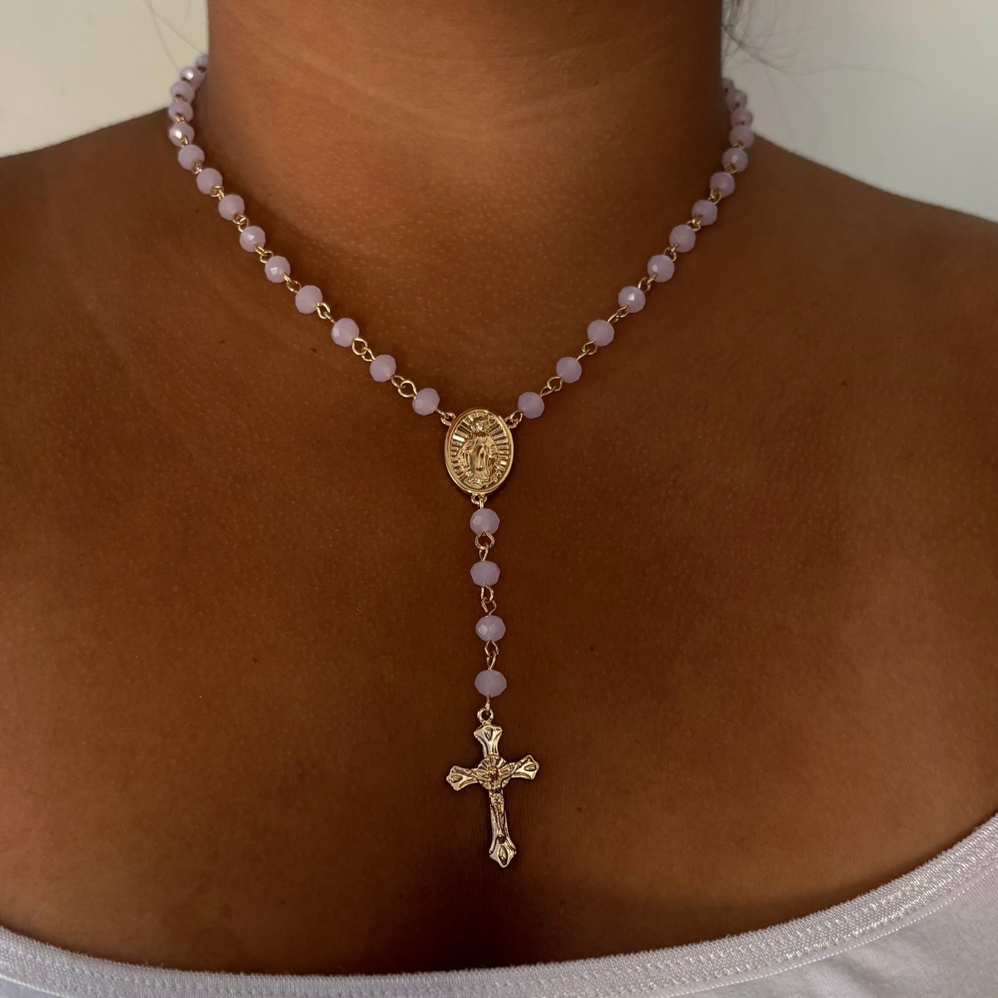 Pink Beaded Rosary Necklace
