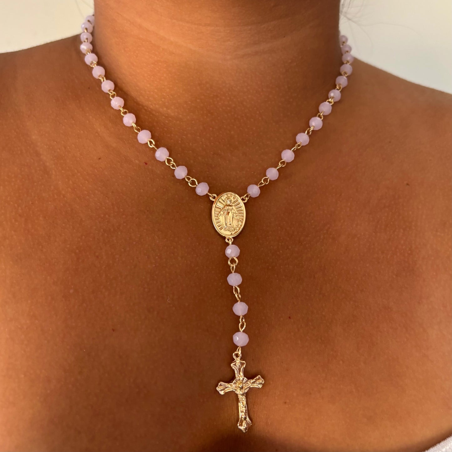 Pink Beaded Rosary Necklace