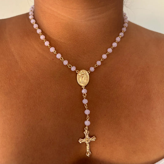 Pink Beaded Rosary Necklace