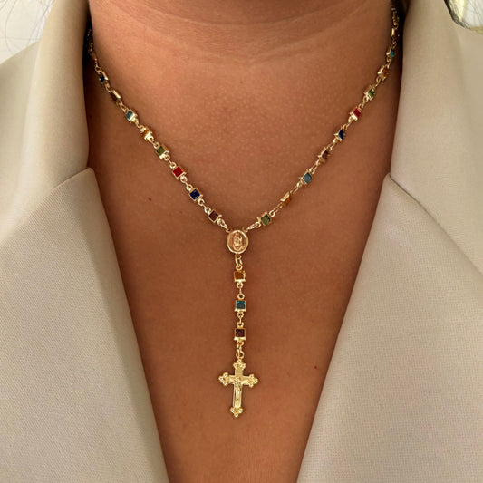 Multicolor Square Rosary Necklace