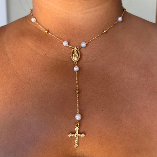 Pearl + Gold Rosary Necklace