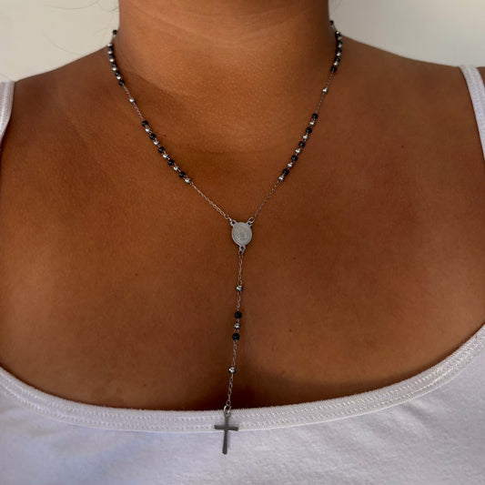 Silver + Black Rosary Necklace