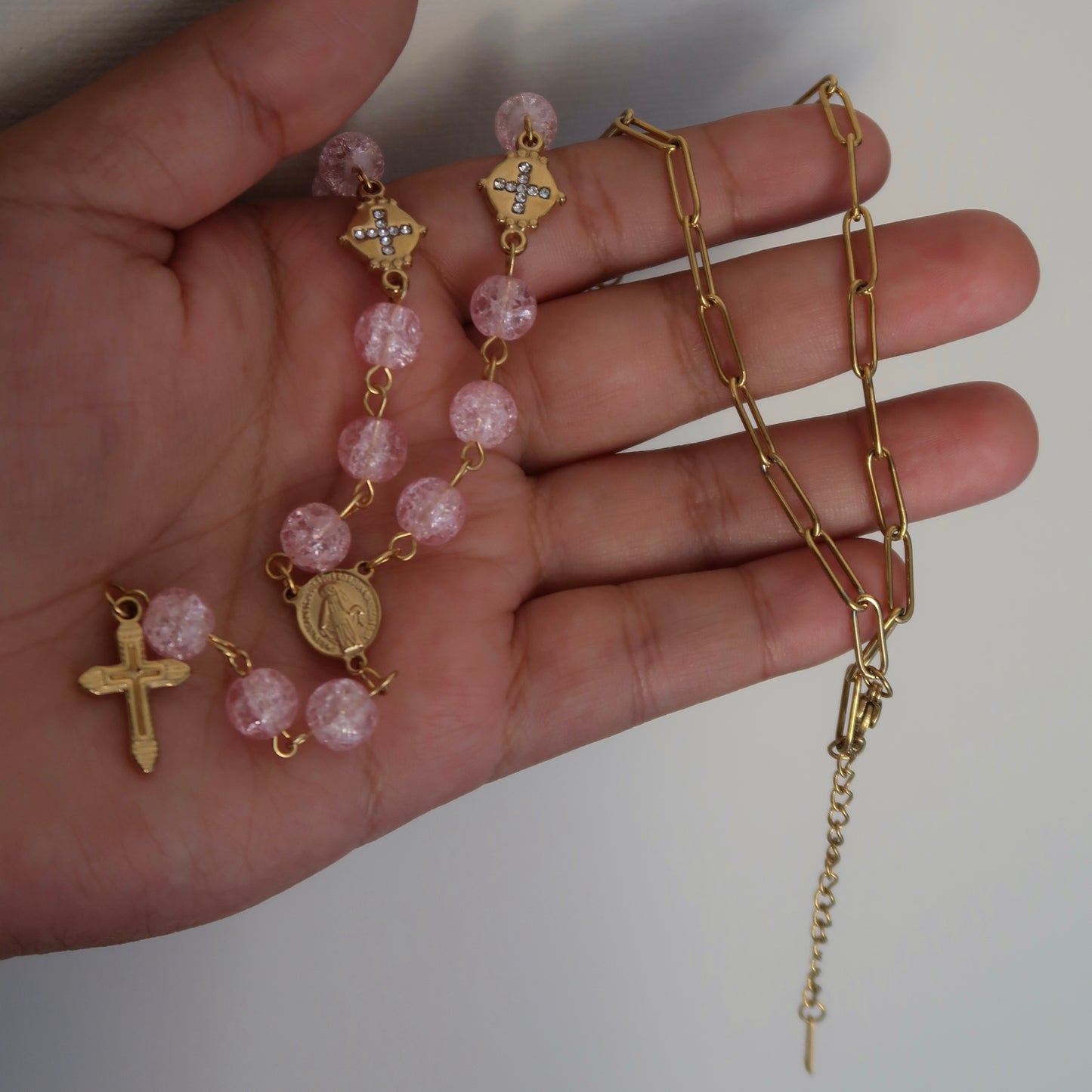 Pink Cross Rosary Necklace
