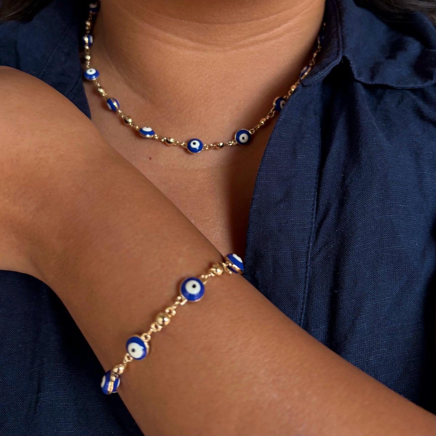 Blue Evil Eye Necklace and Bracelet Set