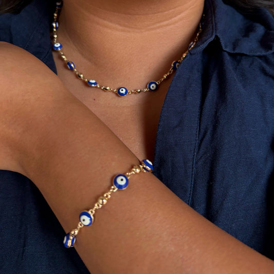 Blue Evil Eye Necklace and Bracelet Set
