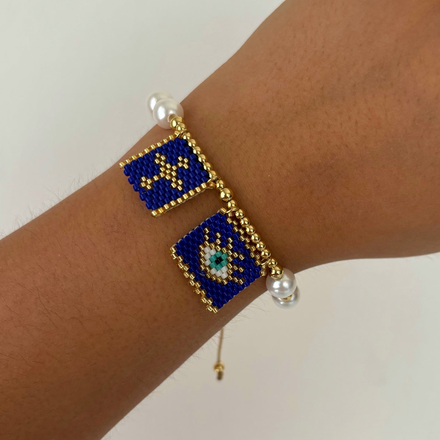 Evil Eye & Cross Pearl Bracelet