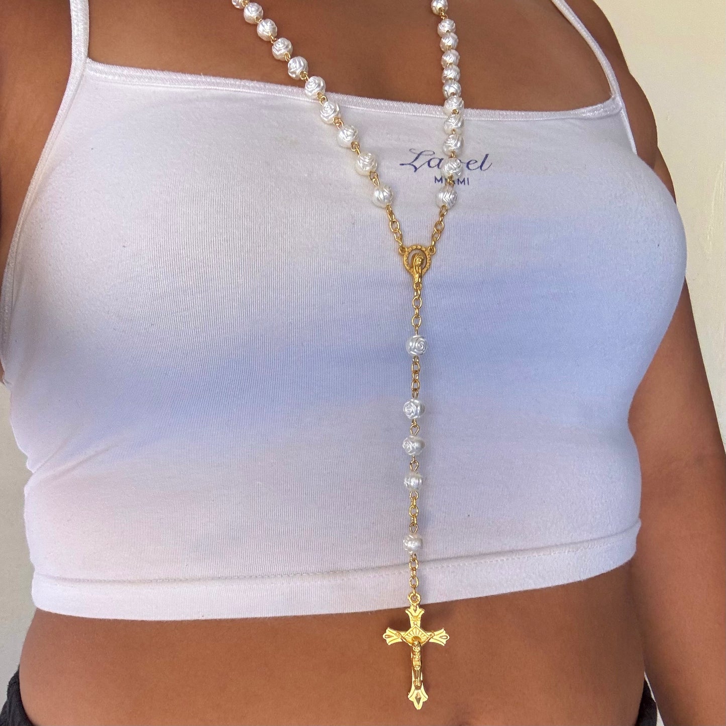 White Rose Rosary Necklace