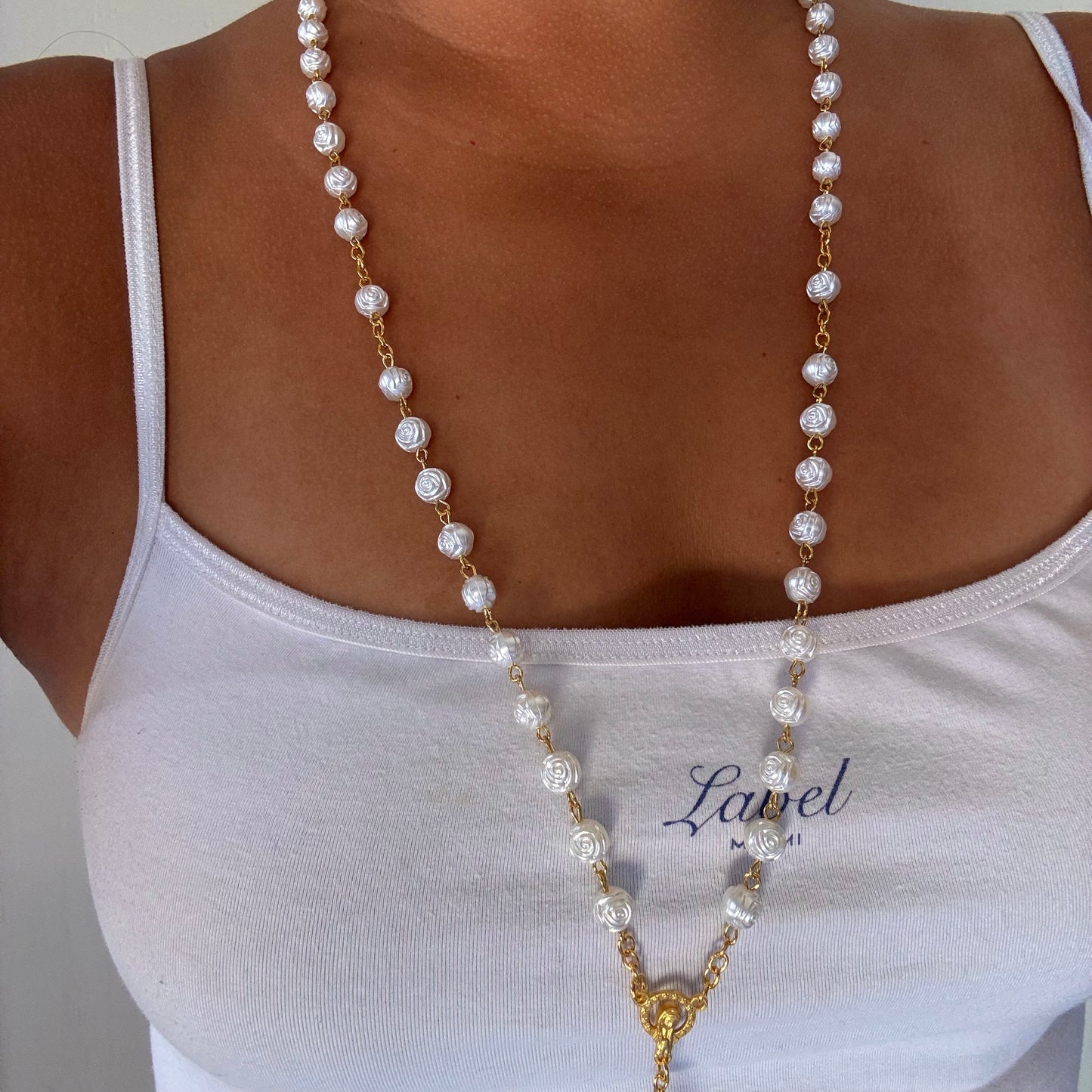White Rose Rosary Necklace